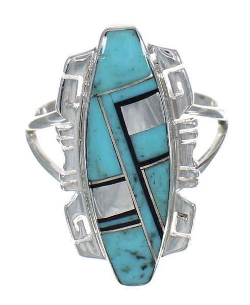 Southwest Turquoise And Jet Inlay Silver Jewelry Ring Size 6-1/2 AX82432